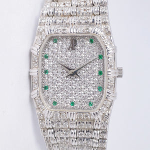 AUDEMARS PIGUET LADIES WHITE GOLD BAMBOO QUARTZ  FULL DIAMOND BRACELET, DIAMOND & EMERALD DIAL