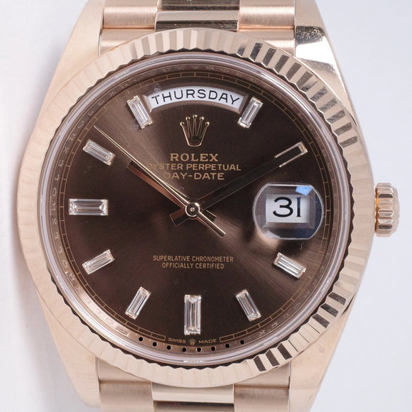 ROLEX DAY EVEROSE DAY-DATE 40 CHOCOLATE  BAGUETTE DIAMOND DIAL 228235 BOX & RECEIPTS $44,500