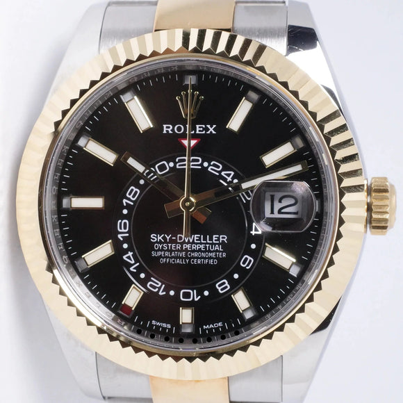 ROLEX 2021 TWO TONE SKY-DWELLER BLACK DIAL OYSTER BRACELET 326933 BOX & PAPERS $17,500