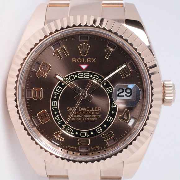 ROLEX EVEROSE GOLD SKY-DWELLER CHOCOLATE ARABIC DIAL 326935 BOX & PAPERS $39,975