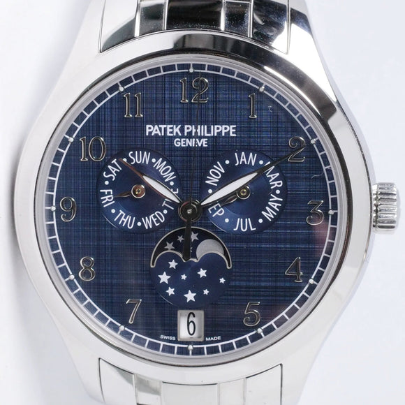 PATEK PHILIPPE NEW 2023 STAINLESS STEEL ANNUAL CALENDAR MOON PHASE LINEN BLUE DIAL 4947/1A BOX PAPERS