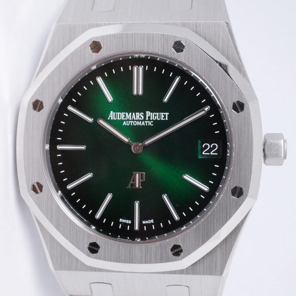 AUDEMARS PIGUET 2022 NEW PLATINUM ROYAL OAK ULTRA THIN JUMBO 50TH ANNIVERSARY GREEN DIAL 16202PT BOX & PAPERS $199,975