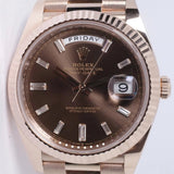 ROLEX 2023 EVEROSE DAY-DATE 40 CHOCOLATE BAGUETTE DIAMOND DIAL 228235 BOX & PAPERS $49,500