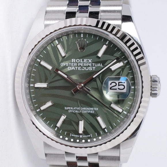 ROLEX NEW DATEJUST 36 GREEN PALM DIAL WHITE GOLD FLUTED BEZEL JUBILEE BRACELET 126234 BOX & PAPERS