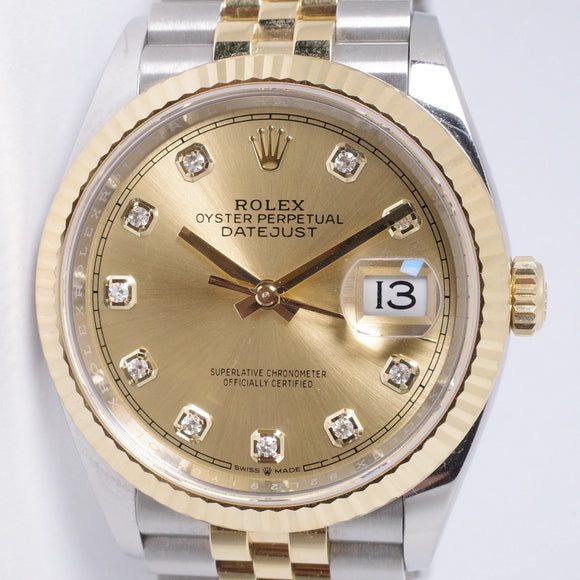 ROLEX NEW 2024 TWO TONE DATEJUST 36 CHAMPAGNE DIAMOND DIAL 126233 BOX & PAPERS