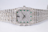 AUDEMARS PIGUET LADIES WHITE GOLD BAMBOO QUARTZ  FULL DIAMOND BRACELET, DIAMOND & EMERALD DIAL