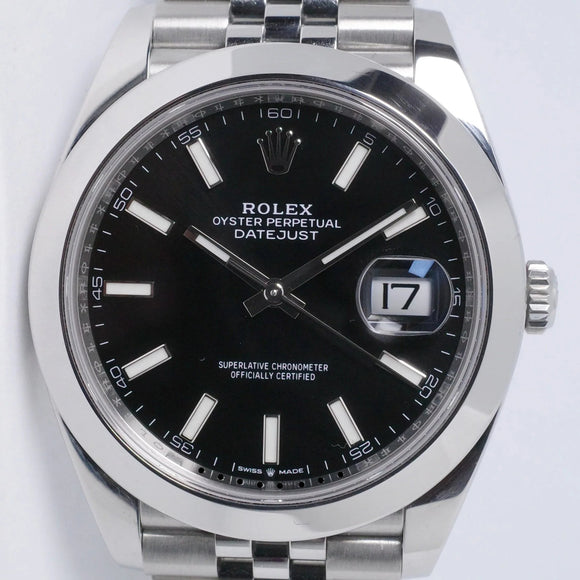 ROLEX 2023 DATEJUST 41 STAINLESS STEEL SMOOTH BEZEL BLACK DIAL 126300 JUBILEE BRACELET BOX & PAPERS $10,100