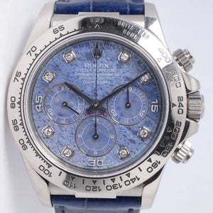 ROLEX WHITE GOLD ZENITH DAYTONA SODALITE DIAMOND DIAL WATCH & BOX 16519 $39,975