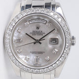ROLEX 2001 PLATINUM DAY-DATE PEARLMASTER MOTHER OF PEARL DIAL, DIAMOND BEZEL 18946 WATCH ONLY $41,000