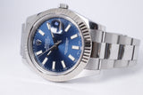 ROLEX 41mm DATEJUST II BLUE DIAL WHITE GOLD FLUTED BEZEL OYSTER BRACELET 116334 BOX & PAPERS