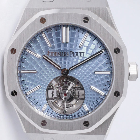 AUDEMARS PIGUET PLATINUM ROYAL OAK FLYING TOURBILLON LIGHT BLUE DIAL 26530PT BOX & PAPERS