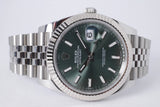 ROLEX 2025 DATEJUST 41 MINT GREEN DIAL, FLUTED BEZEL JUBILEE BRACELET 126334 BOX PAPERS $15,800