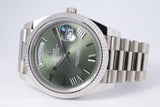ROLEX NEW 2022 WHITE GOLD DAY-DATE 40 GREEN OLIVE ROMAN NUMERAL DIAL 228239 BOX & PAPERS