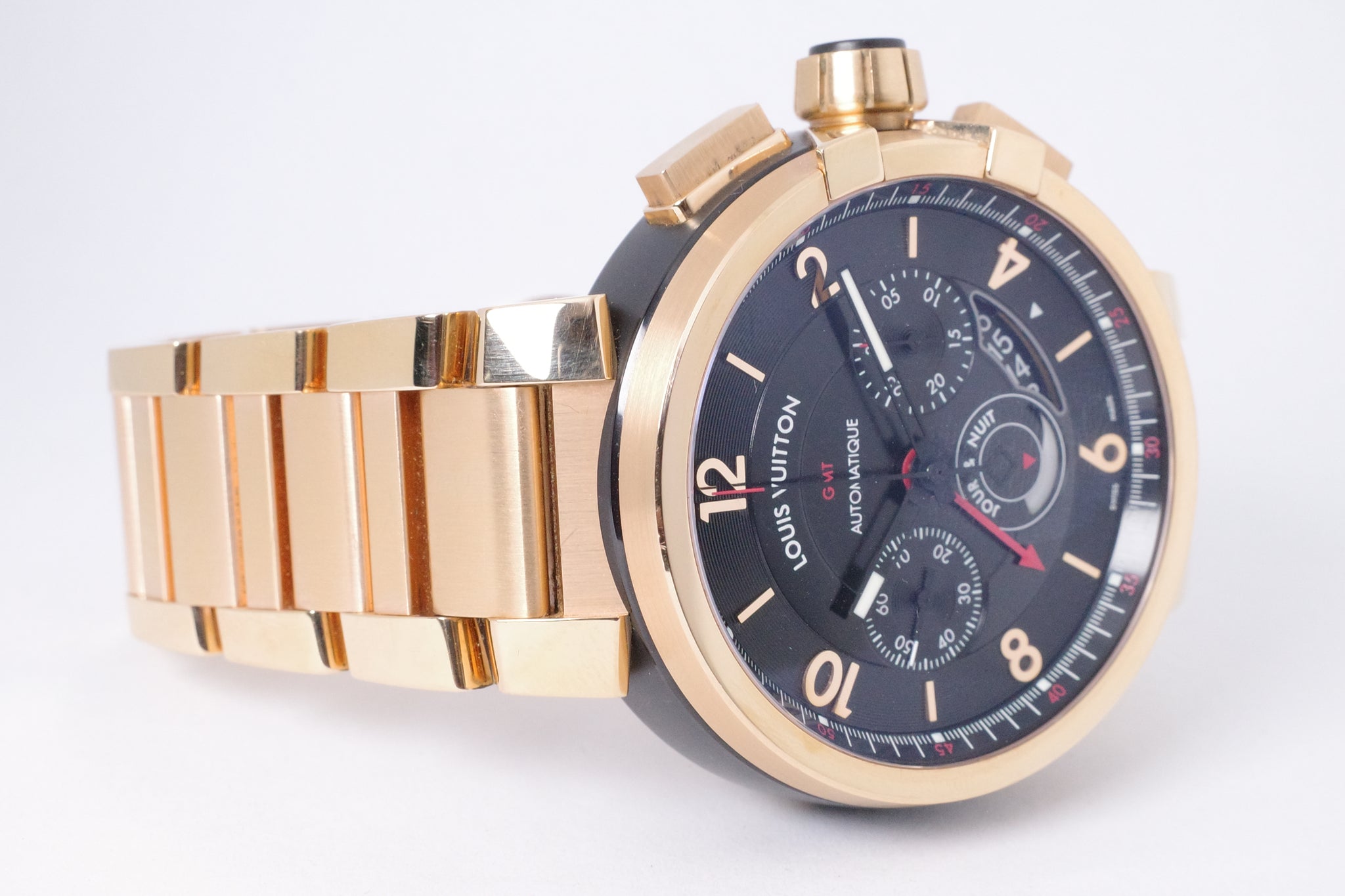 LOUIS VUITTON ROSE GOLD TAMBOUR EVOLUTION CHRONOGRAPH GMT 