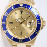 ROLEX YELLOW GOLD SUBMARINER CHAMPAGNE DIAMOND & SAPPHIRE SERTI DIAL REHAUT ENGRAVING 16618 WATCH