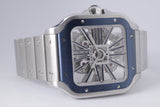 CARTIER SANTOS DE CARTIER SKELETON STAINLESS STEEL BLUE BEZEL WHSA0026 MINT BOX & PAPERS $17,500