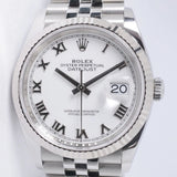 ROLEX 2025 DATEJUST 36 STAINLESS STEEL WHITE ROMAN DIAL WHITE GOLD FLUTED BEZEL, JUBILEE BRACELET 126234 BOX & PAPERS $10,500