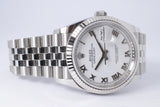 ROLEX 2025 DATEJUST 36 STAINLESS STEEL WHITE ROMAN DIAL WHITE GOLD FLUTED BEZEL, JUBILEE BRACELET 126234 BOX & PAPERS $10,500