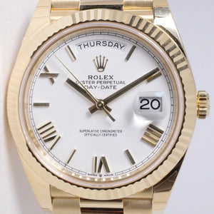 ROLEX NEW 2023 YELLOW GOLD DAY-DATE 40 WHITE ROMAN DIAL 228238 BOX & PAPERS