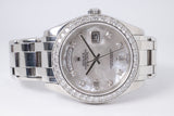 ROLEX 2001 PLATINUM DAY-DATE PEARLMASTER MOTHER OF PEARL DIAL, DIAMOND BEZEL 18946 WATCH ONLY $41,000