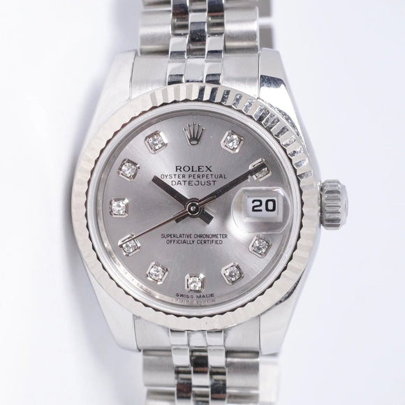 ROLEX LADIES DATEJUST STAINLESS STEEL WHITE GOLD FLUTED BEZEL, SILVER DIAMOND DIAL, JUBILEE BRACELET 179174 BOX & PAPERS