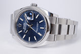 ROLEX UNWORN DATEJUST 36 SMOOTH BEZEL OYSTER BRACELET BLUE FLUTED MOTIF DIAL 126200 BOX & PAPERS