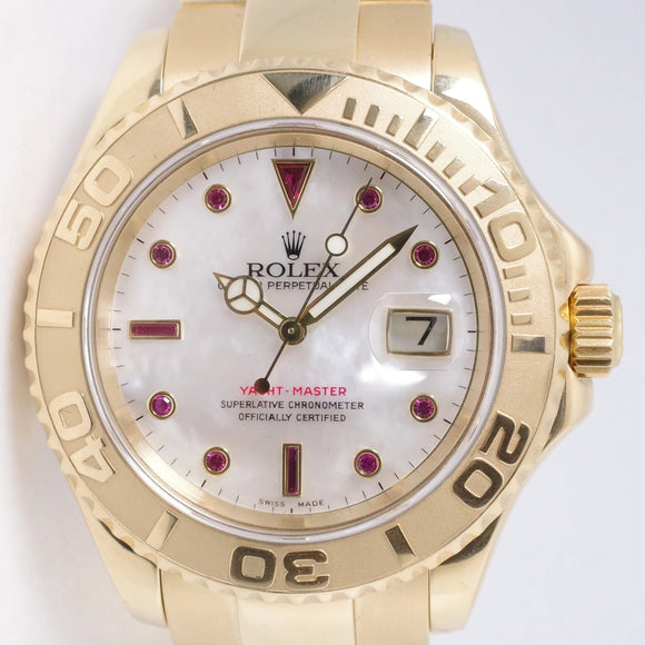 ROLEX YELLOW GOLD YACHTMASTER MOTHER OF PEARL RUBY DIAL 16628 BOX & SERVICE PAPERS