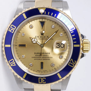 ROLEX 2004 TWO TONE SUBMARINER BLUE CHAMPAGNE SERTI DIAMOND & SAPPHIRE DIAL 16613 MINT BOX & PAPERS