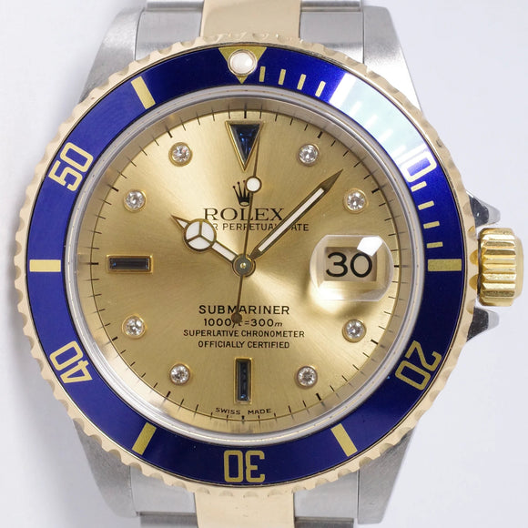 ROLEX 2004 TWO TONE SUBMARINER BLUE CHAMPAGNE SERTI DIAMOND & SAPPHIRE DIAL 16613 MINT BOX & PAPERS $14,500