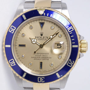 ROLEX SUBMARINER TWO TONE CHAMPAGNE SERTI DIAMOND & SAPPHIRE DIAL 16613 BOX & PAPERS