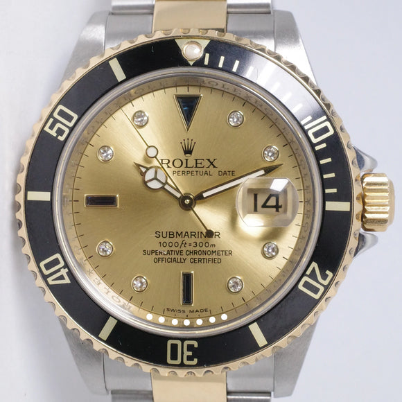 ROLEX SUBMARINER TWO TONE CHAMAPGNE SERTI DIAMOND & SAPPHIRE DIAL 16613 BOX & PAPERS