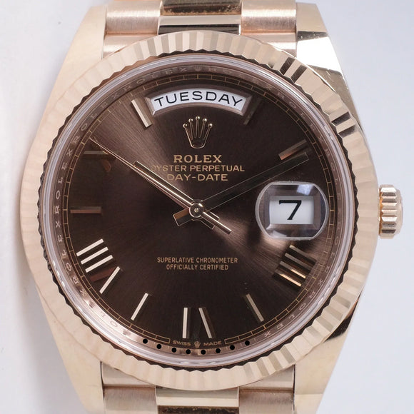 ROLEX 2023 EVEROSE DAY-DATE 40 CHOCOLATE ROMAN NUMERAL DIAL 228235 BOX & PAPERS