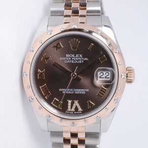 ROLEX DATEJUST 31 TWO TONE EVEROSE GOLD & STAINLESS STEEL, CHOCOLATE DIAMOND IV, 24 DIAMOND BEZEL 178341  BOX & PAPERS