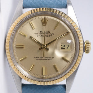 ROLEX  VINTAGE TWO TONE STEEL & YELLOW GOLD DATEJUST CHAMPAGNE DIAL 1601 ON LEATHER STRAP $3,500