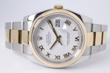 ROLEX DATEJUST 36 TWO TONE YELLOW GOLD SMOOTH BEZEL OYSTER BRACELET WHITE ROMAN DIAL 116203 BOX & PAPERS $8,250