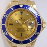 ROLEX YELLOW GOLD SUBMARINER CHAMPAGNE SERTI SAPPHIRE & DIAMOND DIAL 16618 WATCH ONLY