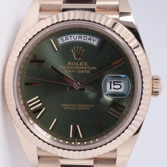 ROLEX 2024 EVEROSE DAY-DATE 40 OLIVE GREEN DIAL 228235 BOX & PAPERS $50,975