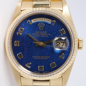 ROLEX YELLOW GOLD DAY-DATE SINGLE QUICK RARE BLUE JUBILEE MOTIF ARABIC NUMERAL DIAL 18038 WATCH ONLY $15,975