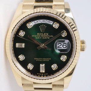 ROLEX  YELLOW GOLD DAY-DATE PRESIDENT 36 GREEN OMBRE DIAMOND DIAL MINT 128238 BOX & PAPERS $46,500