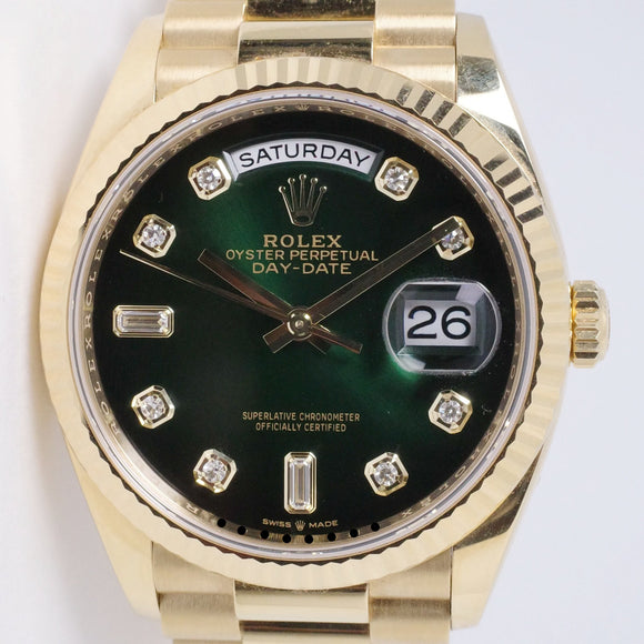 ROLEX  YELLOW GOLD DAY-DATE PRESIDENT 36 GREEN OMBRE DIAMOND DIAL MINT 128238 BOX & PAPERS $46,500