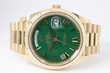 ROLEX 2023 YELLOW GOLD DAY-DATE 40 GREEN ROMAN DIAL ARABIC MIDDLE EAST CALENDAR 228238 BOX & PAPERS