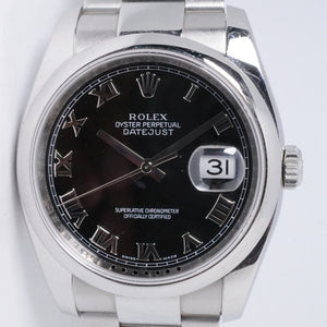 ROLEX 2006 DATEJUST 36 BLACK ROMAN NUMERAL DIAL SMOOTH BEZEL, OYSTER BRACELET 116200 BOX & PAPERS $6,500