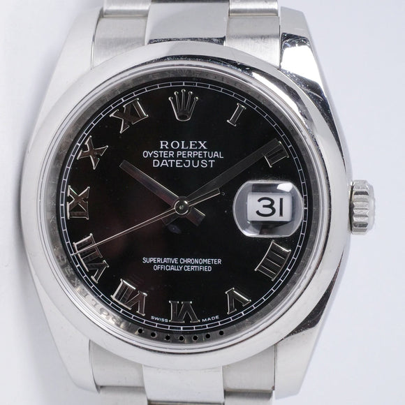 ROLEX 2006 DATEJUST 36 BLACK ROMAN NUMERAL DIAL SMOOTH BEZEL, OYSTER BRACELET 116200 BOX & PAPERS $6,500
