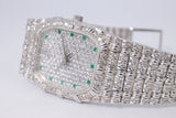 AUDEMARS PIGUET LADIES WHITE GOLD BAMBOO QUARTZ  FULL DIAMOND BRACELET, DIAMOND & EMERALD DIAL