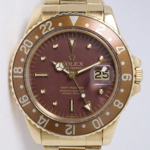 ROLEX VINTAGE YELLOW GOLD GMT ROOT BEER NIPPLE DIAL 1676 WATCH $36,000