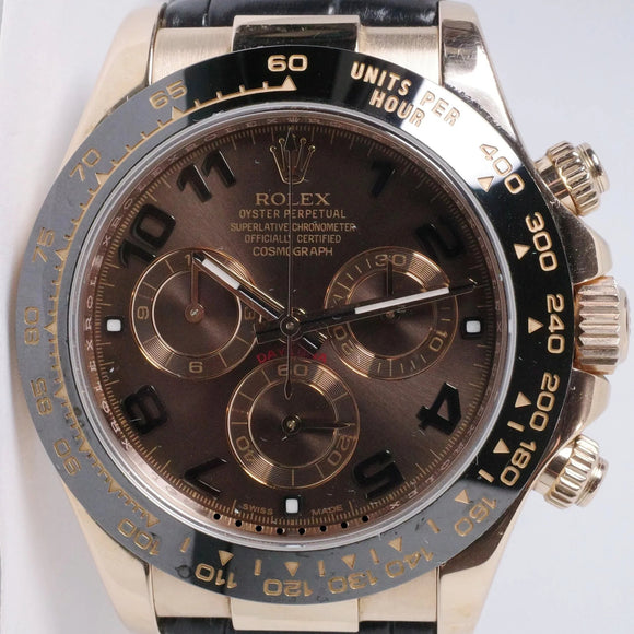 ROLEX EVEROS GOLD DAYTONA OYSTER FLEX CHOCOLATE ARABIC NUMERAL DIAL 116515LN BOX & PAPERS $29,500