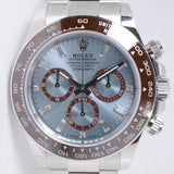 ROLEX NEW 2023 PLATINUM DAYTONA ICE BLUE BAGUETTE DIAMOND DIAL CERAMIC CHOCOLATE BEZEL 126506 BOX & PAPERS