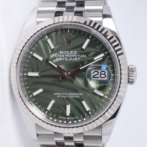 ROLEX 2022 DATEJUST 36 GREEN PALM DIAL WHITE GOLD FLUTED BEZEL JUBILEE BRACELET 126234 BOX & PAPERS $12,500