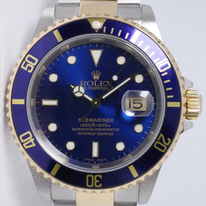 ROLEX 2001 SUBMARINER TWO TONE BLUE 16613LB BOX & PAPERS