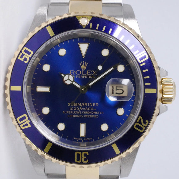 ROLEX 2001 SUBMARINER TWO TONE BLUE 16613LB BOX & PAPERS